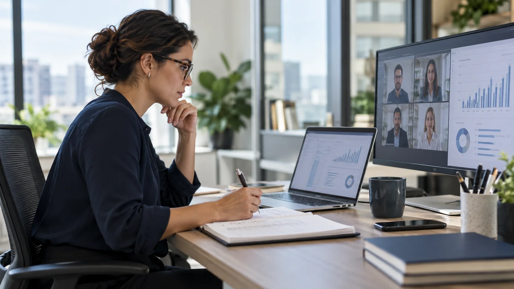 Illustrative photo of a professional reviewing financial records during a remote meeting